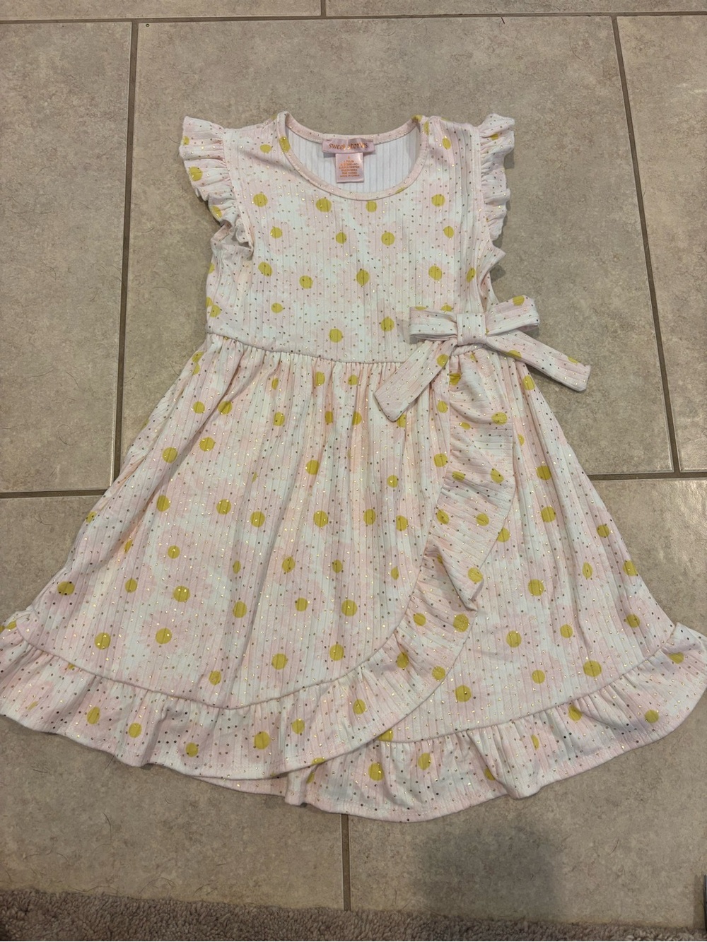 Pink Polka Dot Wrap-Style Girls Dress with Ruffle Trim
